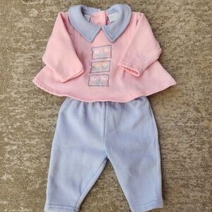 Vintage All Mine Pink Blue Baby Floral Embroided Spring Cottage Outfit, Sz 3-6M